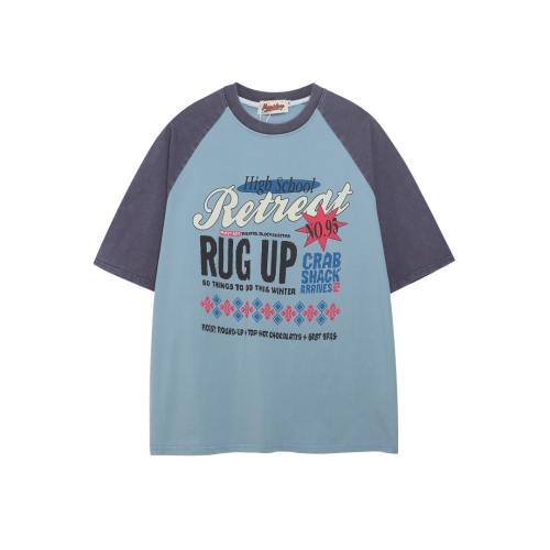 Xman美式vintage插肩袖拼色圓領短袖男t恤夏季新款寬鬆復古體恤潮