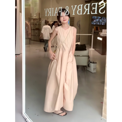 設計感粉色無袖背心連衣裙女夏季2025新款網紅氣質收腰花苞長裙子