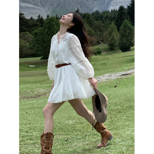 法式歐美白色襯衫式連衣裙腰帶收腰女夏季新款薄款長袖小個子短裙