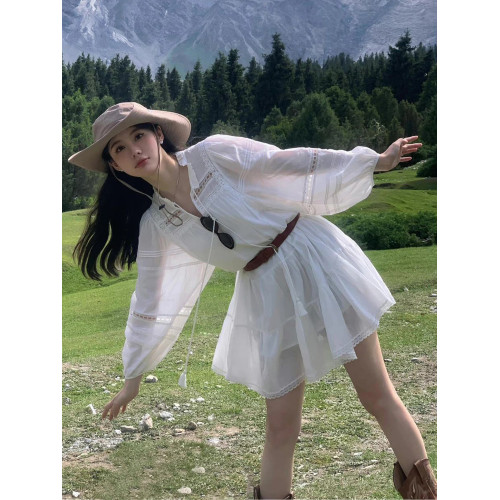 法式歐美白色襯衫式連衣裙腰帶收腰女夏季新款薄款長袖小個子短裙