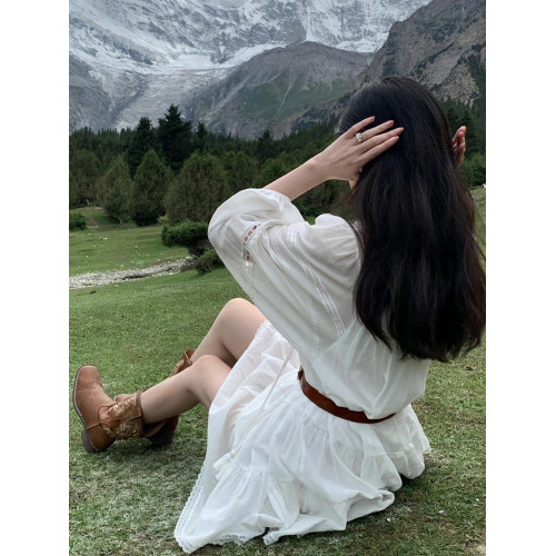 法式歐美白色襯衫式連衣裙腰帶收腰女夏季新款薄款長袖小個子短裙