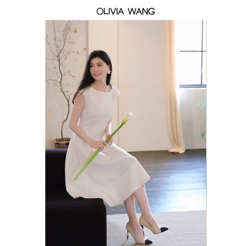 OLIVIA WANG“女神裙”法式顯瘦氣質禮服裙子日常醋酸白色連衣裙