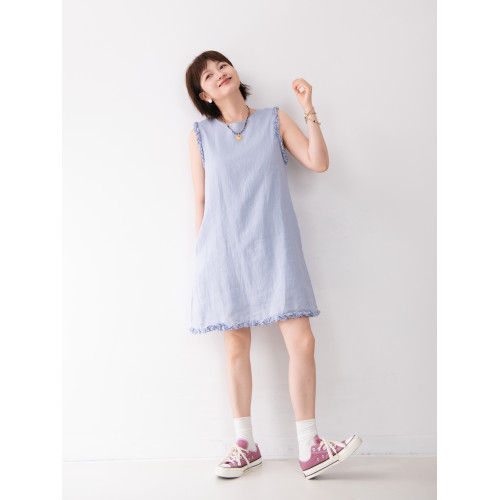 全亞麻日系木耳邊圓領A字版連衣裙女寬松百搭甜美文藝感背心裙