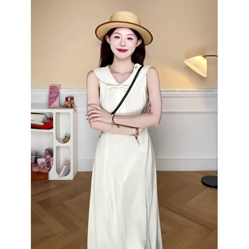 韓系純色蝴蝶結系帶連衣裙修身顯瘦設計感小衆氣質減齡中長款裙子