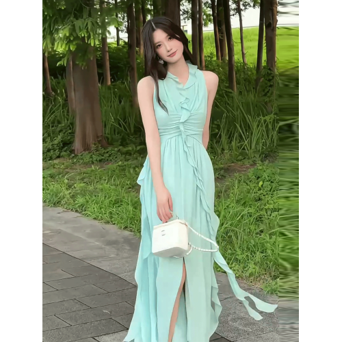 法式氣質掛脖雪紡連衣裙女夏季小衆設計感荷葉邊收腰a字氣質長裙