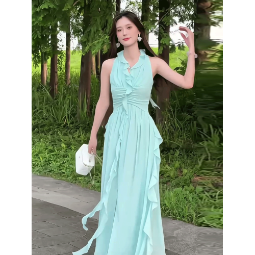 法式氣質掛脖雪紡連衣裙女夏季小衆設計感荷葉邊收腰a字氣質長裙
