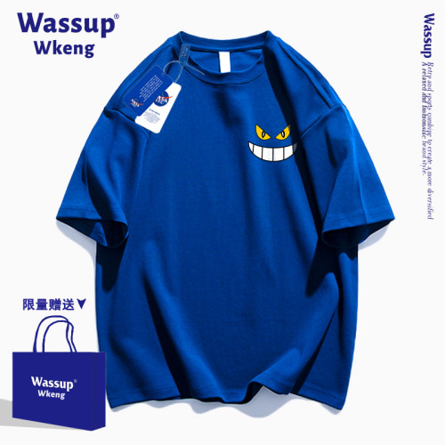 wassup聯名美式潮牌黑色純棉寬松短袖男t恤夏青少年學生半袖上衣