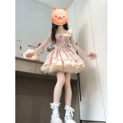 法式初戀感甜美風小飛袖花邊拼接碎花連衣裙女夏季收腰蓬蓬公主裙