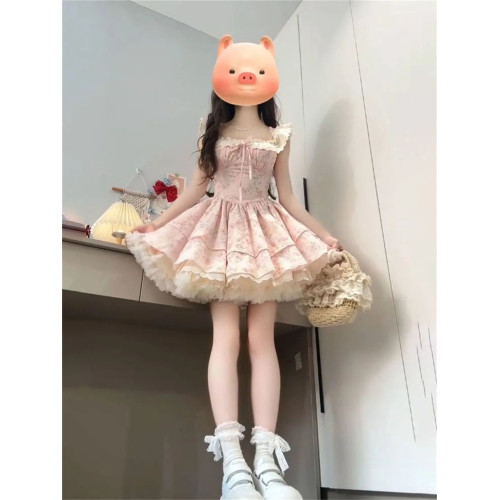 法式初戀感甜美風小飛袖花邊拼接碎花連衣裙女夏季收腰蓬蓬公主裙