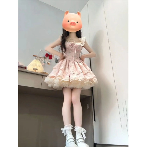 法式初戀感甜美風小飛袖花邊拼接碎花連衣裙女夏季收腰蓬蓬公主裙