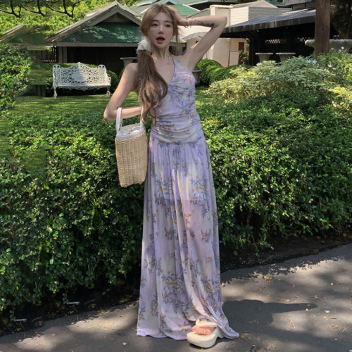 MSYOUCAN 韓劇女主浪漫海邊度假風連衣裙清新小碎花紫色掛脖長裙