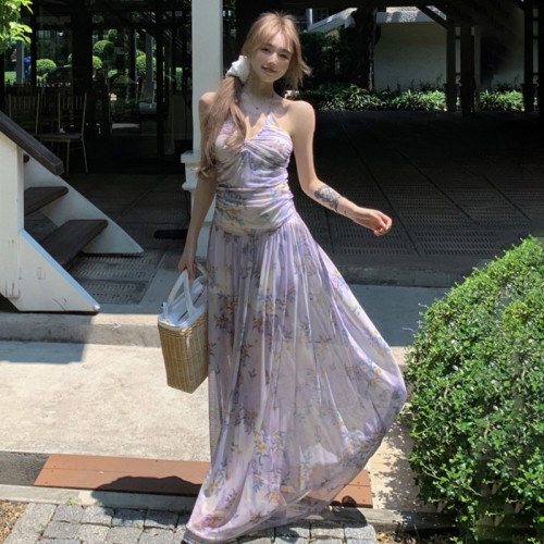 MSYOUCAN 韓劇女主浪漫海邊度假風連衣裙清新小碎花紫色掛脖長裙