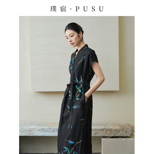 璞宿PUSU原創手繪竹葉香雲紗連衣裙龜裂紋桑蠶絲真絲長裙2025新款