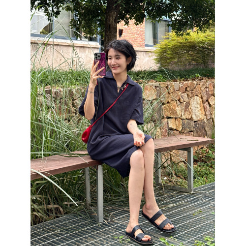 周浪清藍色亞麻法式連衣裙女2025新款夏季薄款翻領寬松中長款裙子