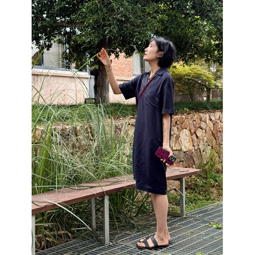 周浪清藍色亞麻法式連衣裙女2025新款夏季薄款翻領寬松中長款裙子