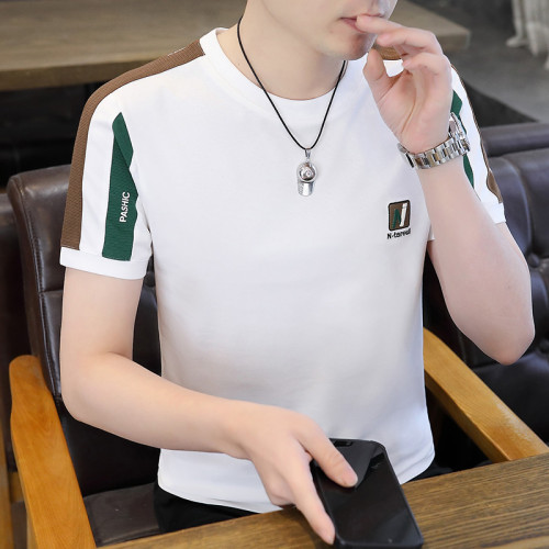 拼色夏季短袖男t恤休閒撞色圓領純棉刺綉韓版純棉2025年男裝上衣