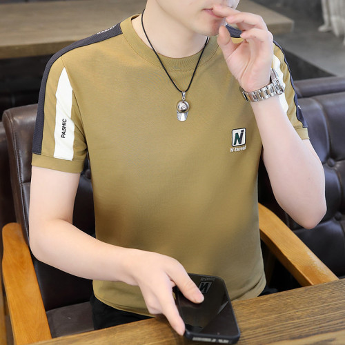 拼色夏季短袖男t恤休閒撞色圓領純棉刺綉韓版純棉2025年男裝上衣