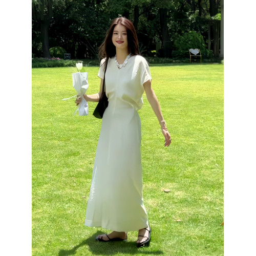 法式松弛感氣質收腰顯瘦連衣裙女2025夏新款短袖高級感優雅長裙子