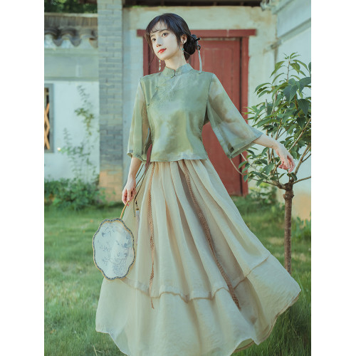 新中式禪意茶服旗袍兩件套日常改良漢服文藝國風顯瘦溫柔連衣裙夏