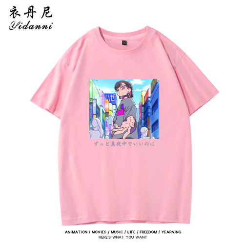 永遠是深夜有多好日系音樂二次元少女寬松夏季純棉短袖男T恤衣服