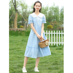 少女娃娃領連衣裙夏季2025新款高中女生夏裝初中學生大童裙子長裙