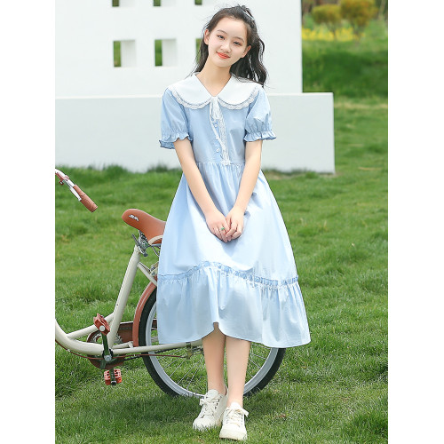 少女娃娃領連衣裙夏季2025新款高中女生夏裝初中學生大童裙子長裙