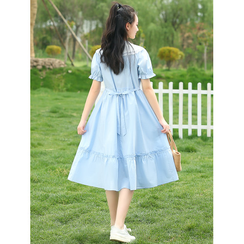 少女娃娃領連衣裙夏季2025新款高中女生夏裝初中學生大童裙子長裙
