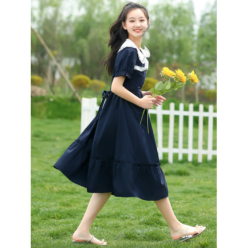 少女娃娃領連衣裙夏季2025新款高中女生夏裝初中學生大童裙子長裙