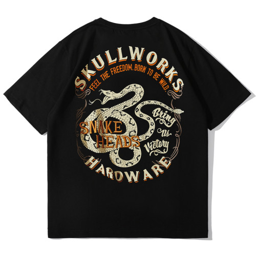 武裝戰線SKULLWORKS熱血高校小慄旬蛇形刺綉男款個性潮牌男T恤