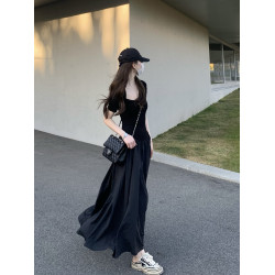 高個子加長黑色短袖連衣裙女夏款方領氣質超長款大擺裙高級感長裙