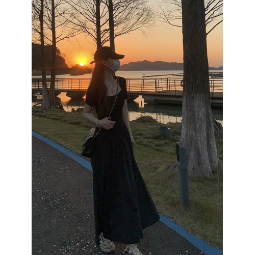 高個子加長黑色短袖連衣裙女夏款方領氣質超長款大擺裙高級感長裙