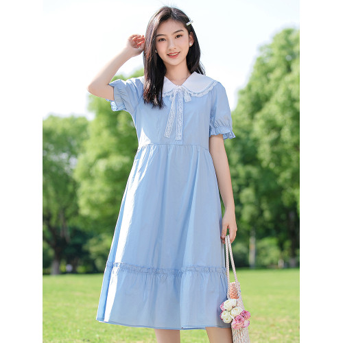 高中生裙子2025新款夏季初中女生學院風學生少女氣質感過膝連衣裙