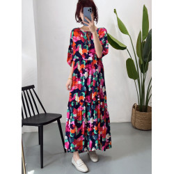 人造棉連衣裙時尚寬松大碼女裝夏季新款防曬外穿棉綢裙子垂感遮肉