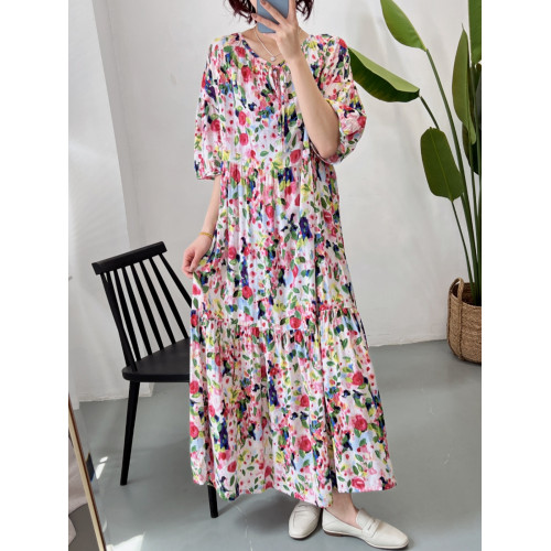 人造棉連衣裙時尚寬松大碼女裝夏季新款防曬外穿棉綢裙子垂感遮肉