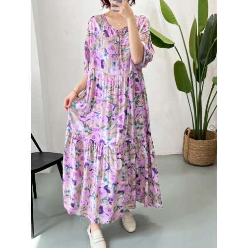 人造棉連衣裙時尚寬松大碼女裝夏季新款防曬外穿棉綢裙子垂感遮肉