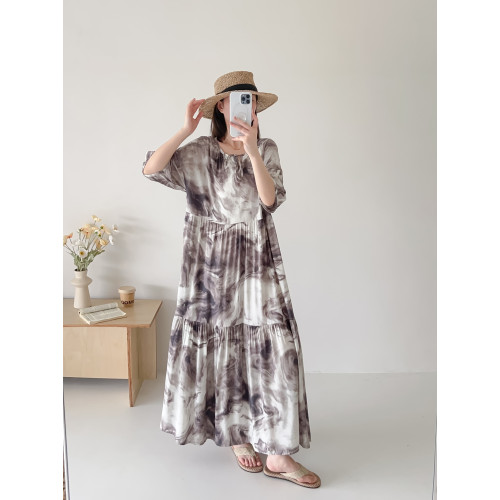 人造棉連衣裙時尚寬松大碼女裝夏季新款防曬外穿棉綢裙子垂感遮肉