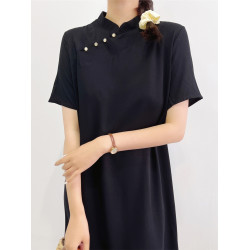 韓版棉綢連衣裙女夏季寬松顯瘦黑色短袖長裙立領套頭純色修身旗袍