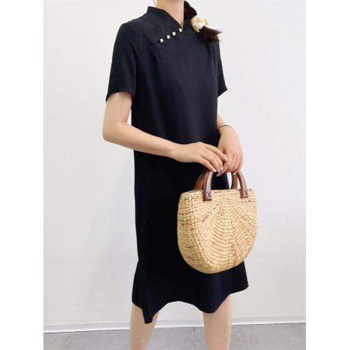 韓版棉綢連衣裙女夏季寬松顯瘦黑色短袖長裙立領套頭純色修身旗袍