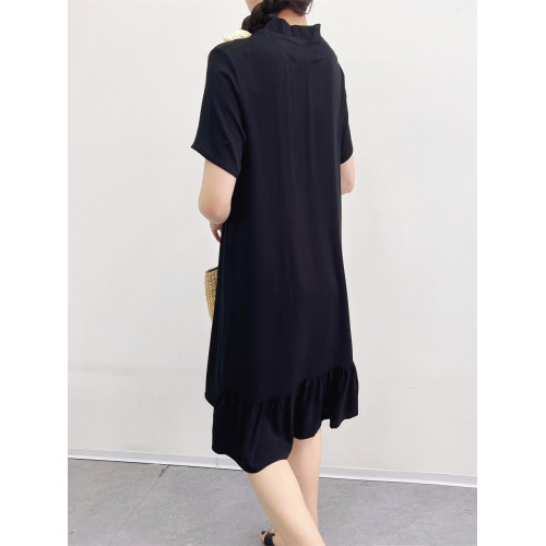 韓版棉綢連衣裙女夏季寬松顯瘦黑色短袖長裙立領套頭純色修身旗袍