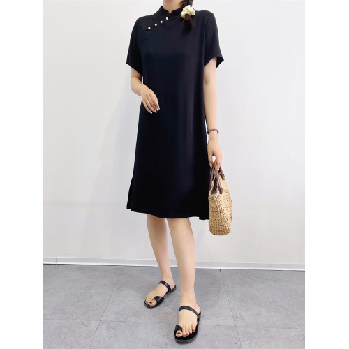 韓版棉綢連衣裙女夏季寬松顯瘦黑色短袖長裙立領套頭純色修身旗袍