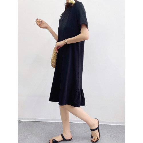 韓版棉綢連衣裙女夏季寬松顯瘦黑色短袖長裙立領套頭純色修身旗袍