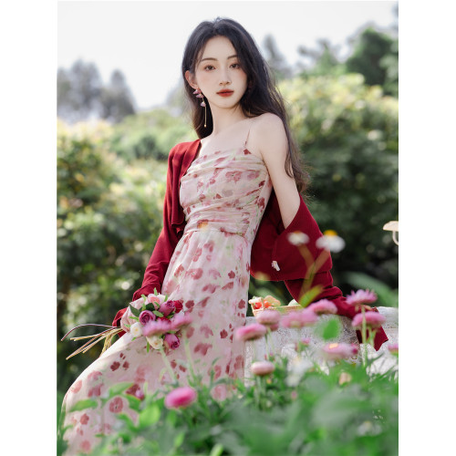 法式少女裙子花裙子粉色碎花吊帶開衫連衣裙女高級感兩件套新款