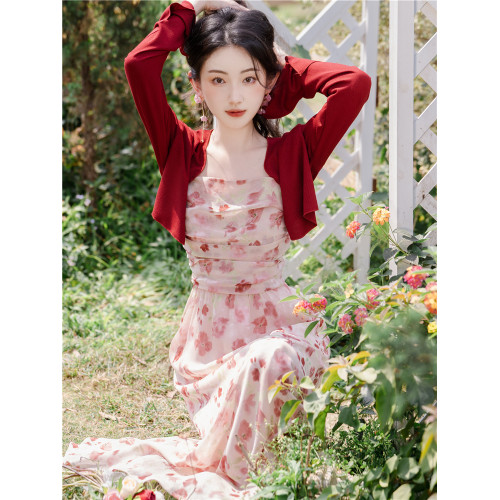 法式少女裙子花裙子粉色碎花吊帶開衫連衣裙女高級感兩件套新款