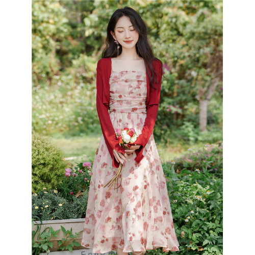 法式少女裙子花裙子粉色碎花吊帶開衫連衣裙女高級感兩件套新款