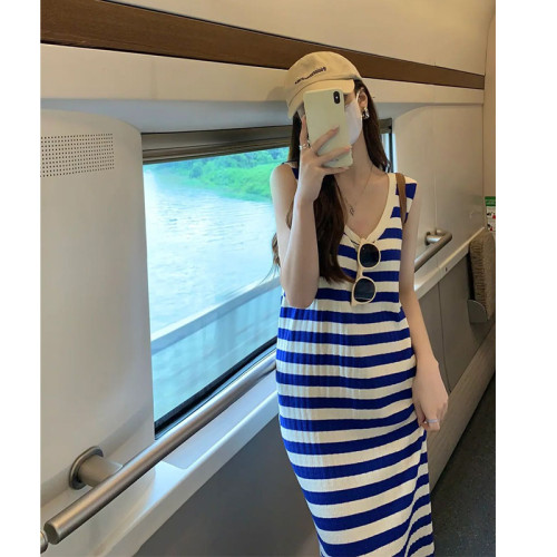 條紋背心裙長裙顯瘦連衣裙夏海邊度假沙灘裙超仙三亞泰國旅遊拍照