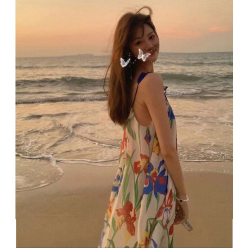 夏季碎花吊帶連衣裙氣質長裙海邊度假沙灘裙超仙三亞泰國旅遊拍照