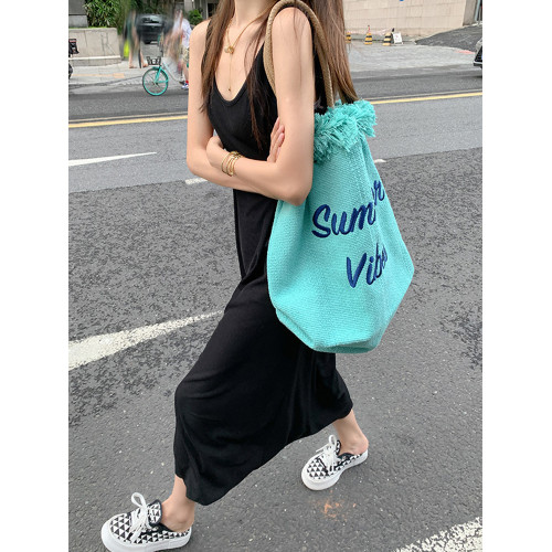 長裙小個子連衣裙休閒海邊度假多巴胺海島穿搭夏淺藍色吊帶背心裙