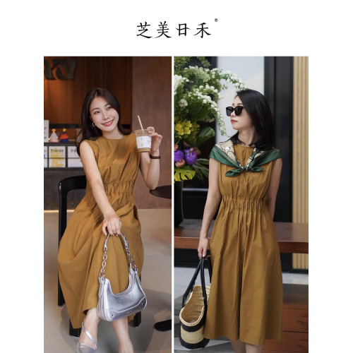 芝美日禾 自然褶皺收腰背心連衣裙焦糖色全棉無袖極簡通勤復古