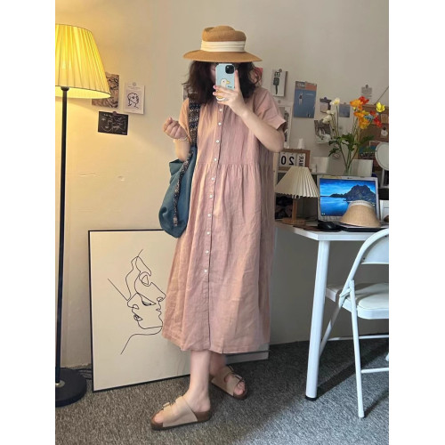 拾光者 日系亞麻muji風藕粉色連衣裙夏季寬松慵懶風中長款裙子女