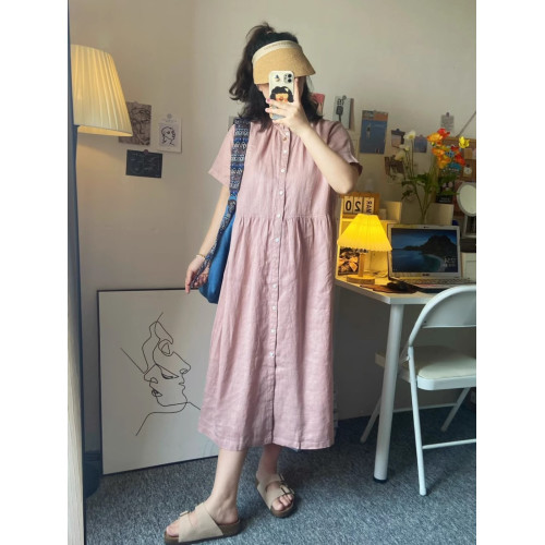 拾光者 日系亞麻muji風藕粉色連衣裙夏季寬松慵懶風中長款裙子女